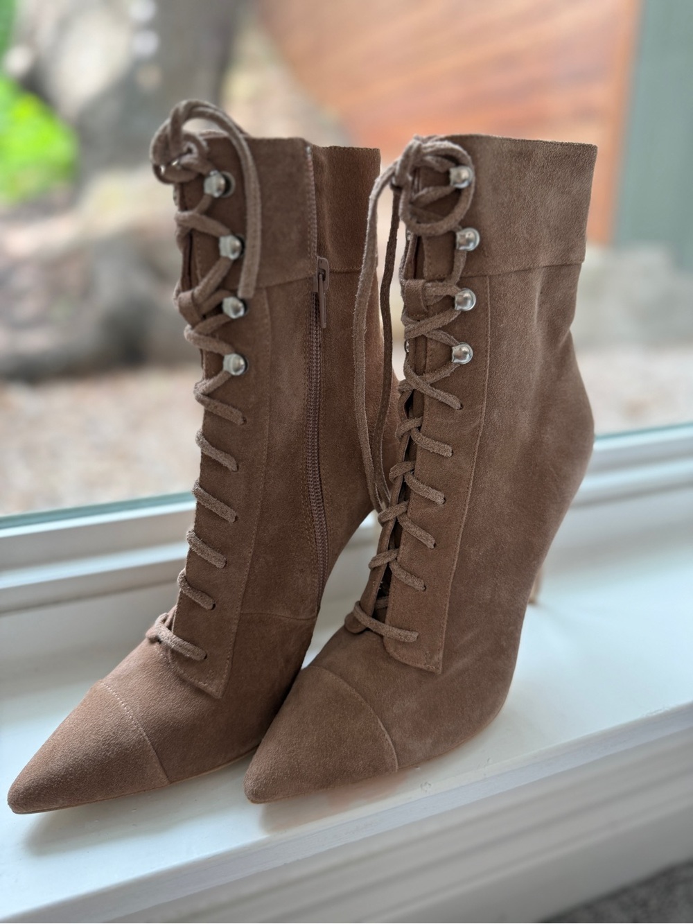 Jeffrey Campbell Taupe Suede Lace-Up Pointed Toe Heeled Booties